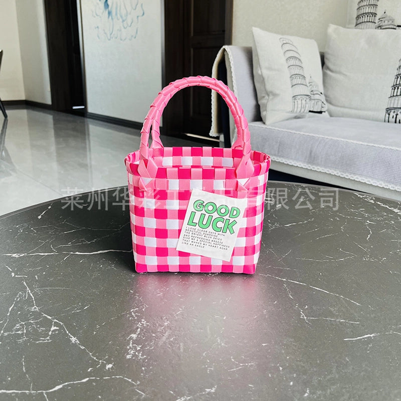 Women's PVC Color Block Plaid Vacation Weave Square Open Square Bag