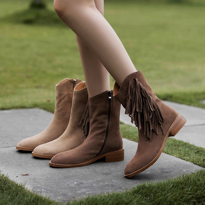Women's Nubuck?Leather Mid Calf Tassels Boots With Side Zipper In Camel/Khaki
