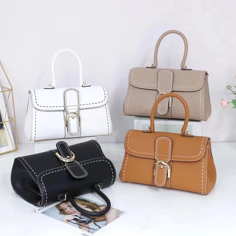 New Horseshoe Buckle Handbag Top Layer Litchi Grain Cowhide Fashionable One-Shoulder Portable Crossbody Casual Saddle Bag