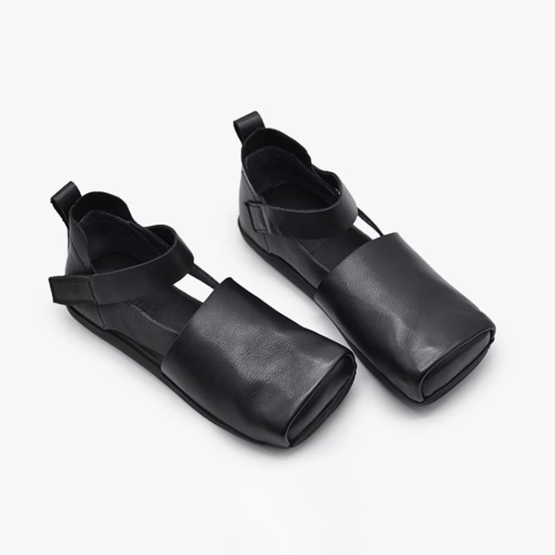Leather Sandals Square Toe Touch-strap in Brown/Beige/Black