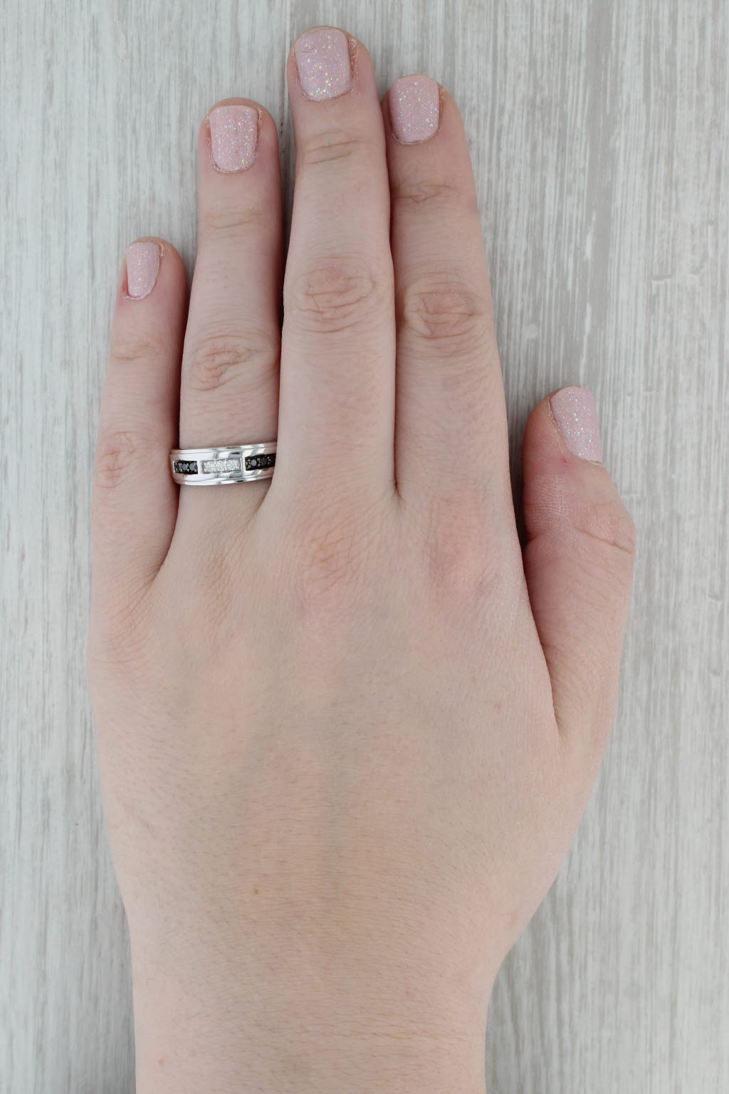 0.23ctw Black White Diamond Men's Wedding Band 10k White Gold Size 11.5 Ring
