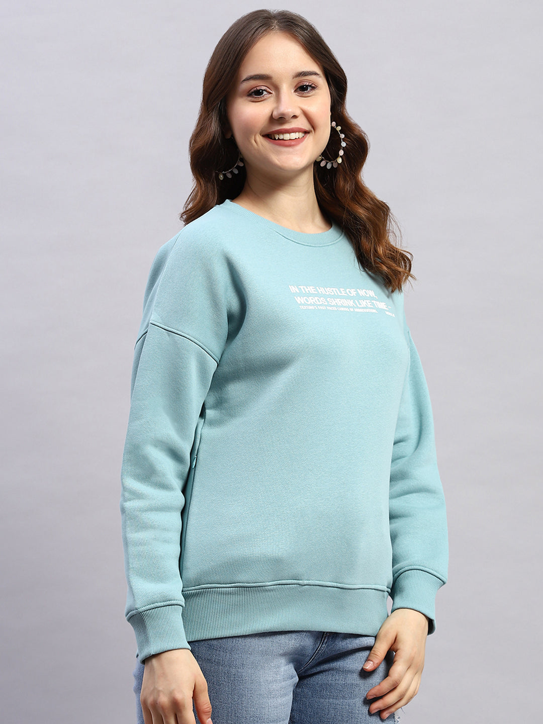 Women Blue Printed Round Neck Full Sleeve Sweatshirt