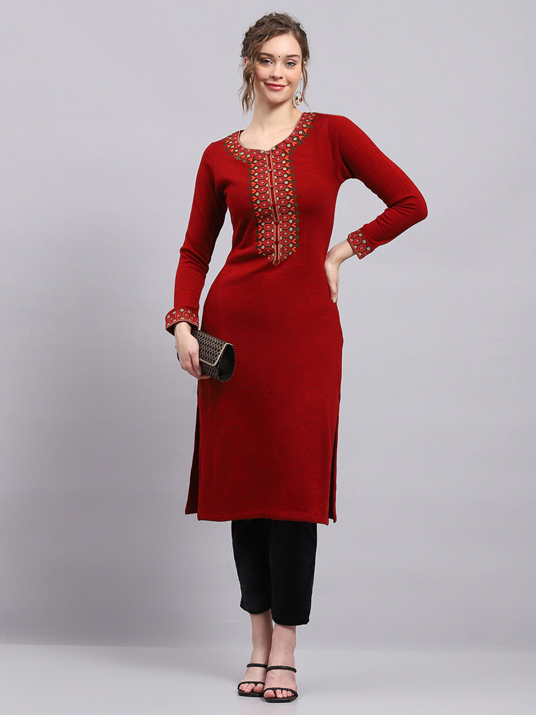 Women Maroon Printed Round Neck Full Sleeve Winter Kurti