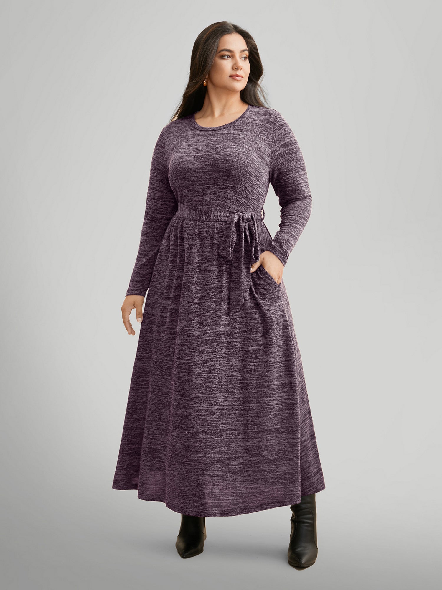 Round Neck Heather Belted Dress