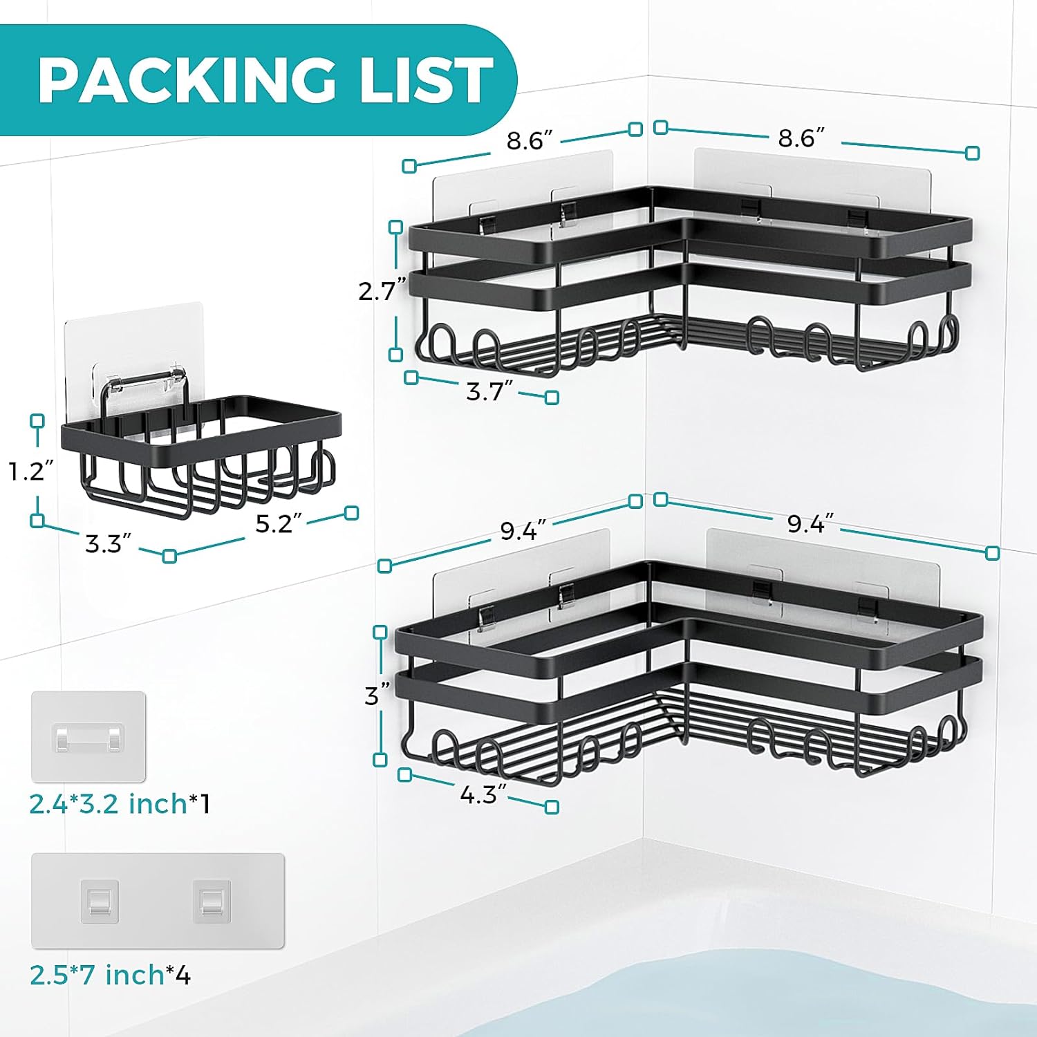 Shower Caddy. 3-Pack with Soap Holder. No Drilling Rustproof Shower Organizer with Save Space Hooks. Apartment Essentials for Bathroom