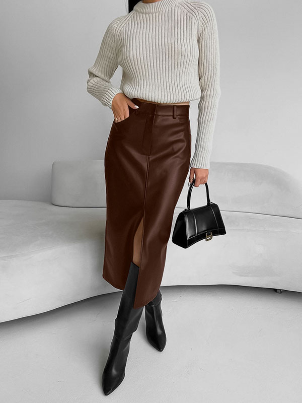 Skinny Wrap Pockets Solid Color Split-Front Zipper Skirts Bottoms