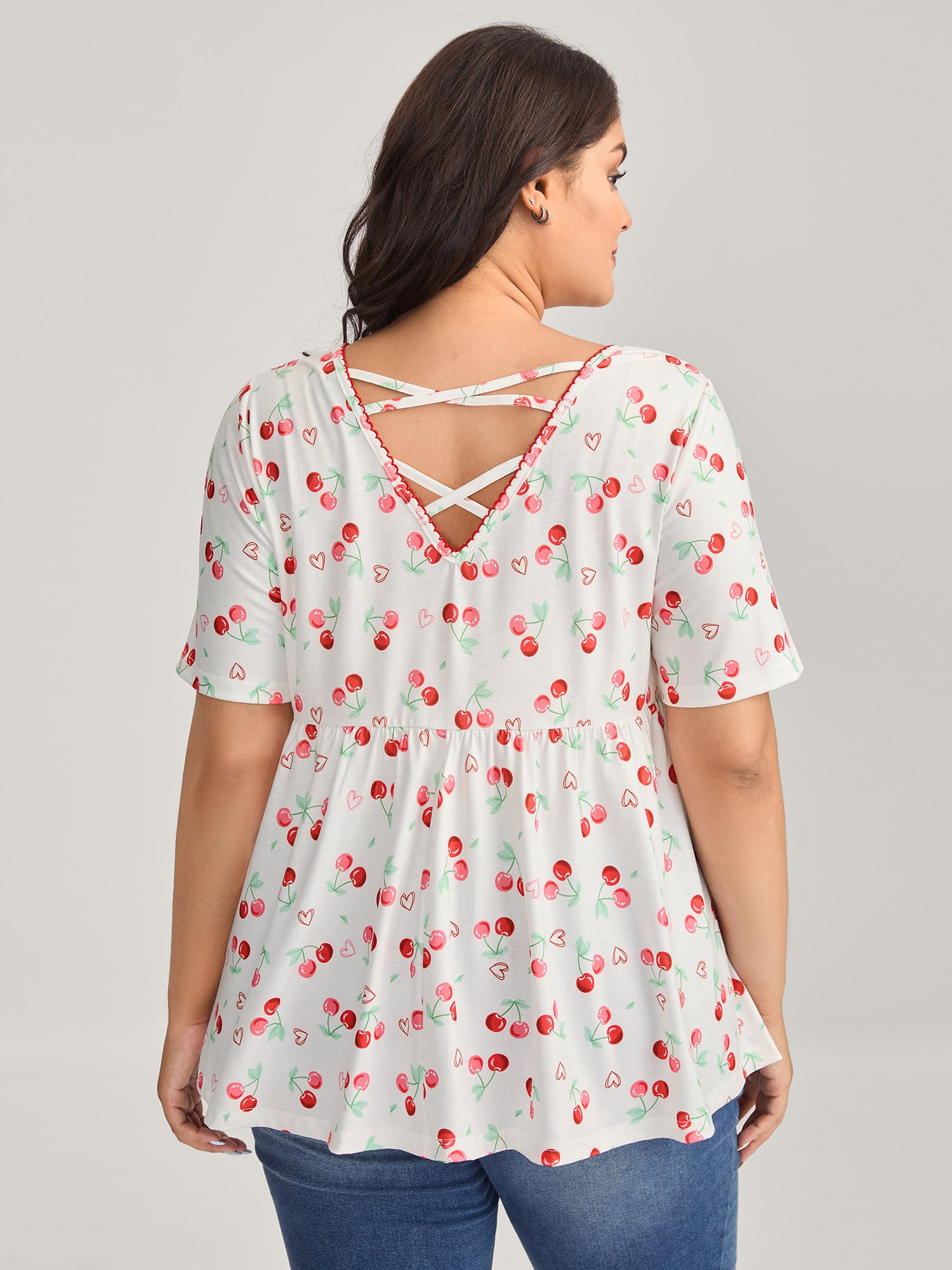 Cherry Print Embroidered V-Neck Top