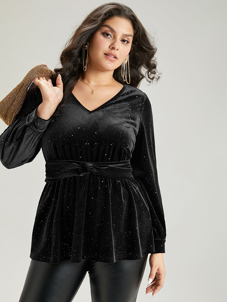 Glitter Sequin Velvet Twist Front V Neck Blouse
