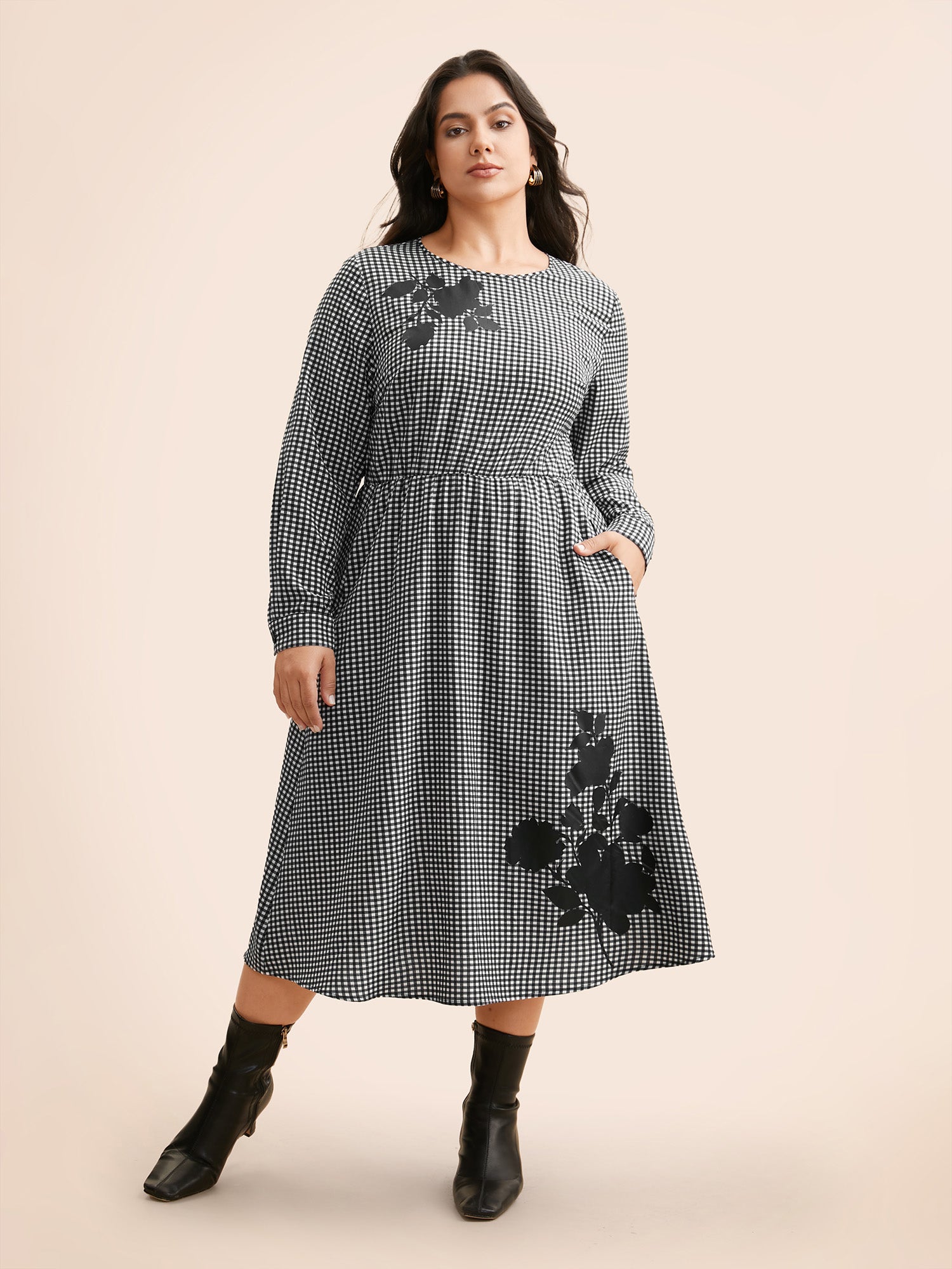 Gingham Silhouette Floral Print Midi Dress