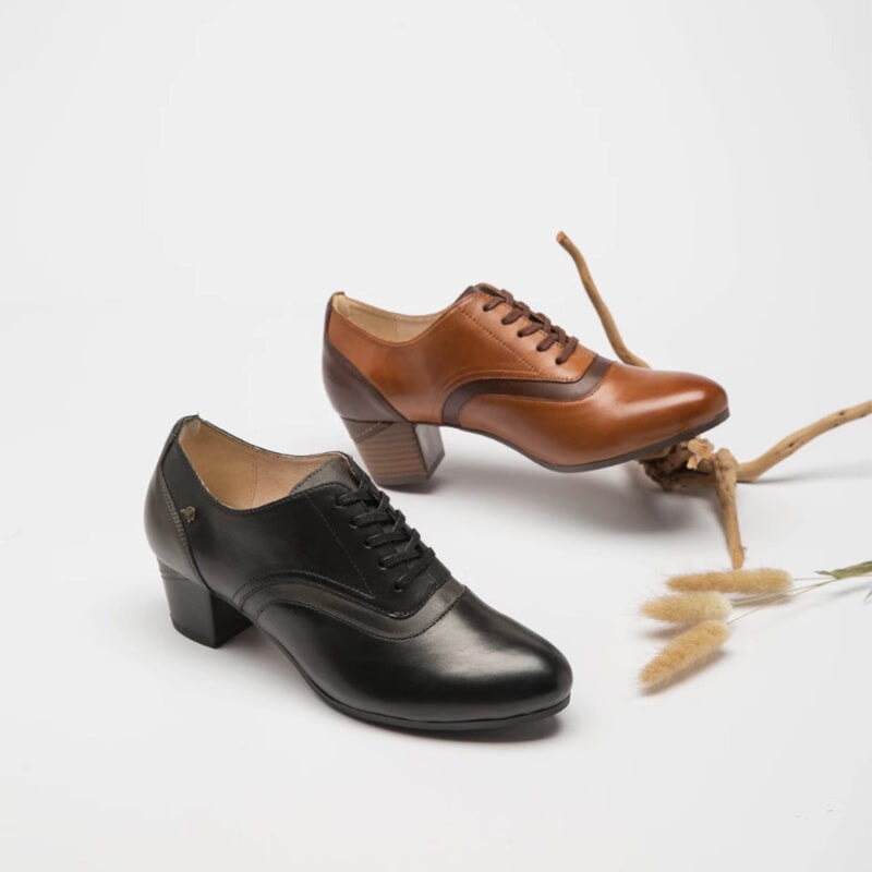 50mm Block Heel Oxfords For Women Full Grain Leather Lace Up Almond Toe in Black/Brown