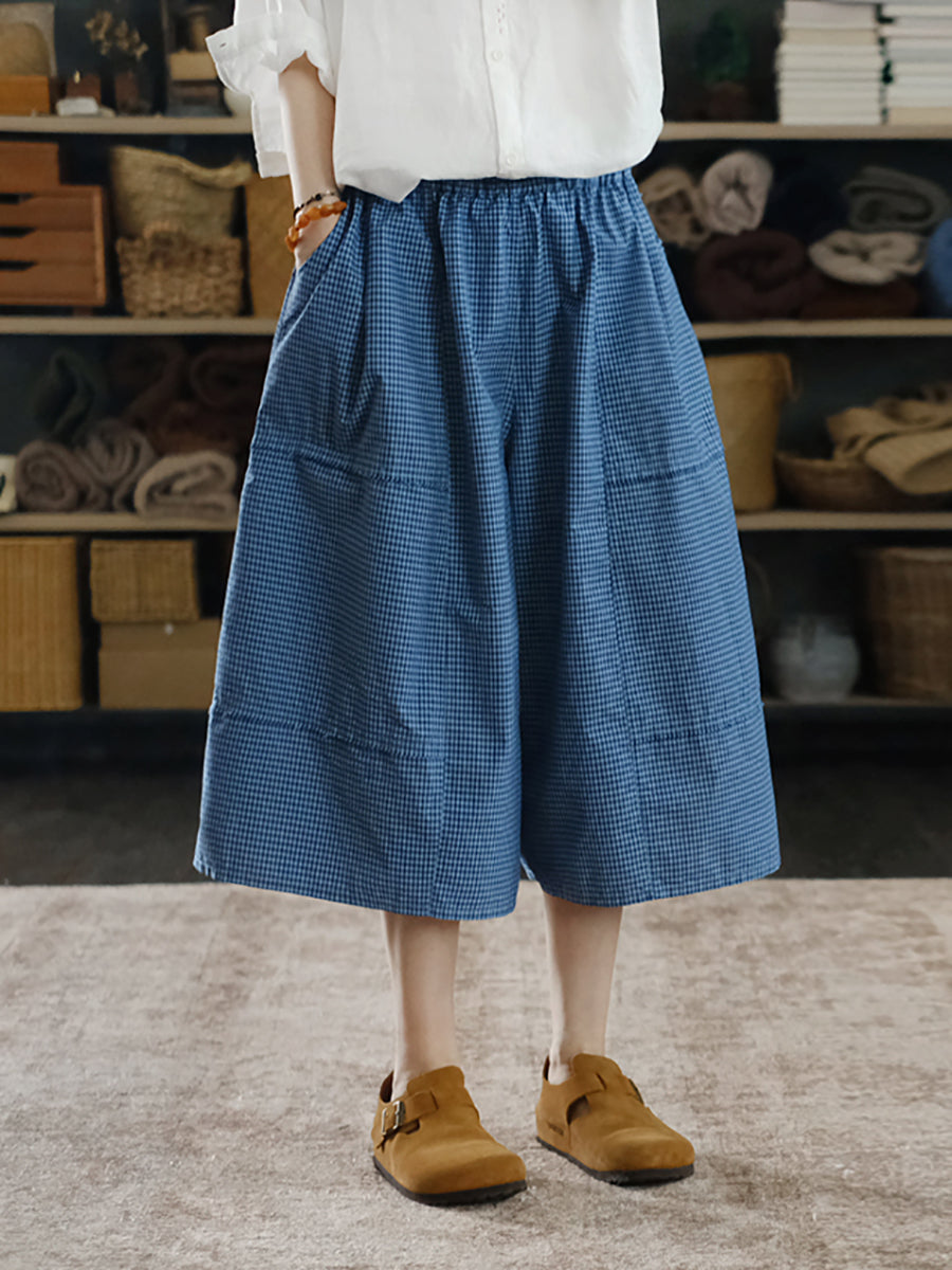 Women Summer Vintage Plaid Ramie Cotton Skirt