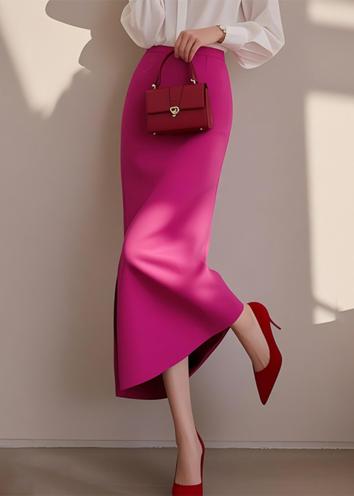 Women Rose Solid Cotton Skirt High Waist Spring