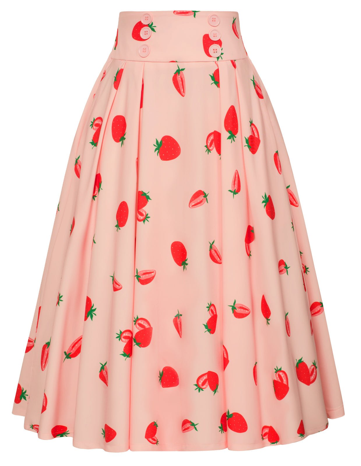 Strawberry Patterns Pleated Buttons Decorated Elastic Waist High Waist Swing A-Line Skirt with Pockets