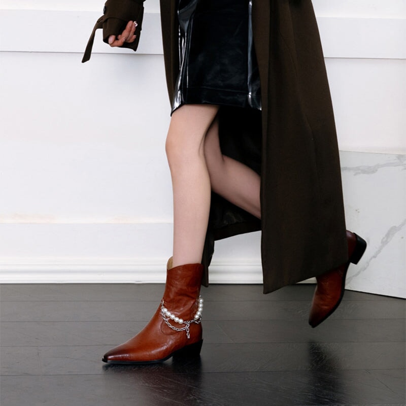 Sheepskin Leather Autumn/Winter Women's Point Toe Ankle Boots in Black/Brown