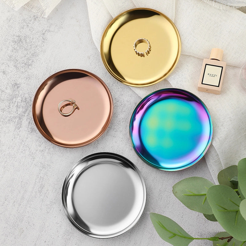 Luxury Metal Round Small Jewelry Tray Stainless Steel Storage Plate Dormitory Cosmetic Ornament Plate Decorative Item