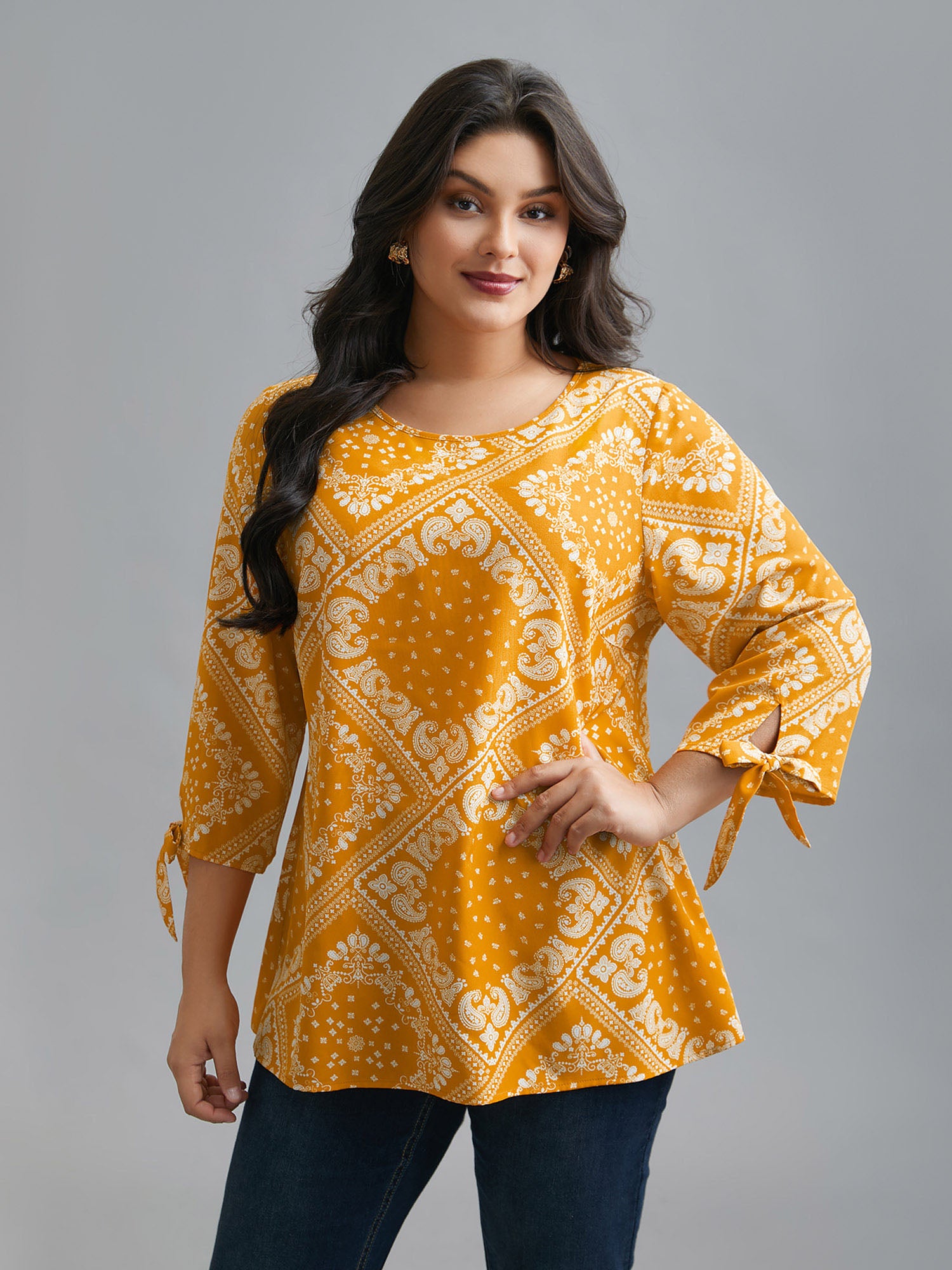 Round Neck Bandana Print Sleeve Tie Blouse