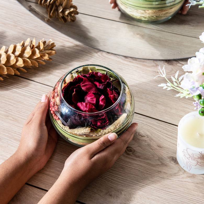 Round Glass Vase with Dried Flowers - Red