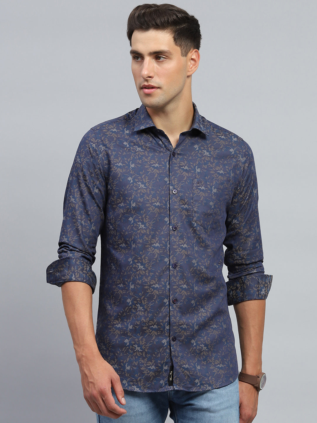 Men Blue Printed Collar Full Sleeve Shirt