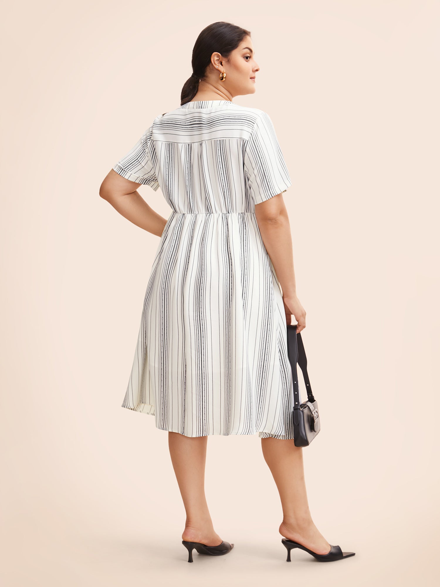 Round Neck Striped Button Up Midi Dress