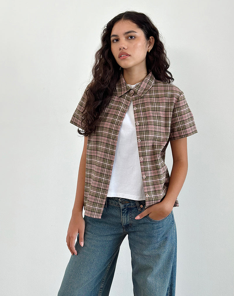 Gosanri Short Sleeve Shirt in Pink and Green Check