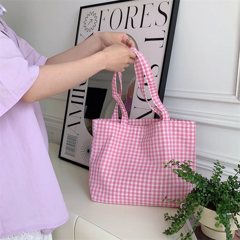 Large Capacity Plaid Canvas Bag Shopping Bag Student Shoulder Handbag Vintage Tote Bag