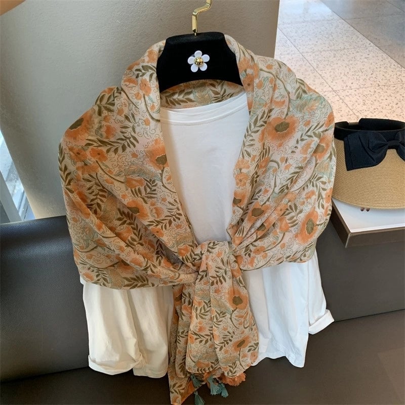 Women's Retro Sweet Flower Polyester Printing Scarf Shawl