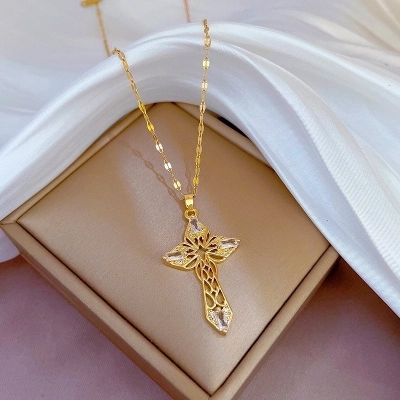 Minimalist Cross Titanium Steel Copper Zircon Pendant Necklace In Bulk