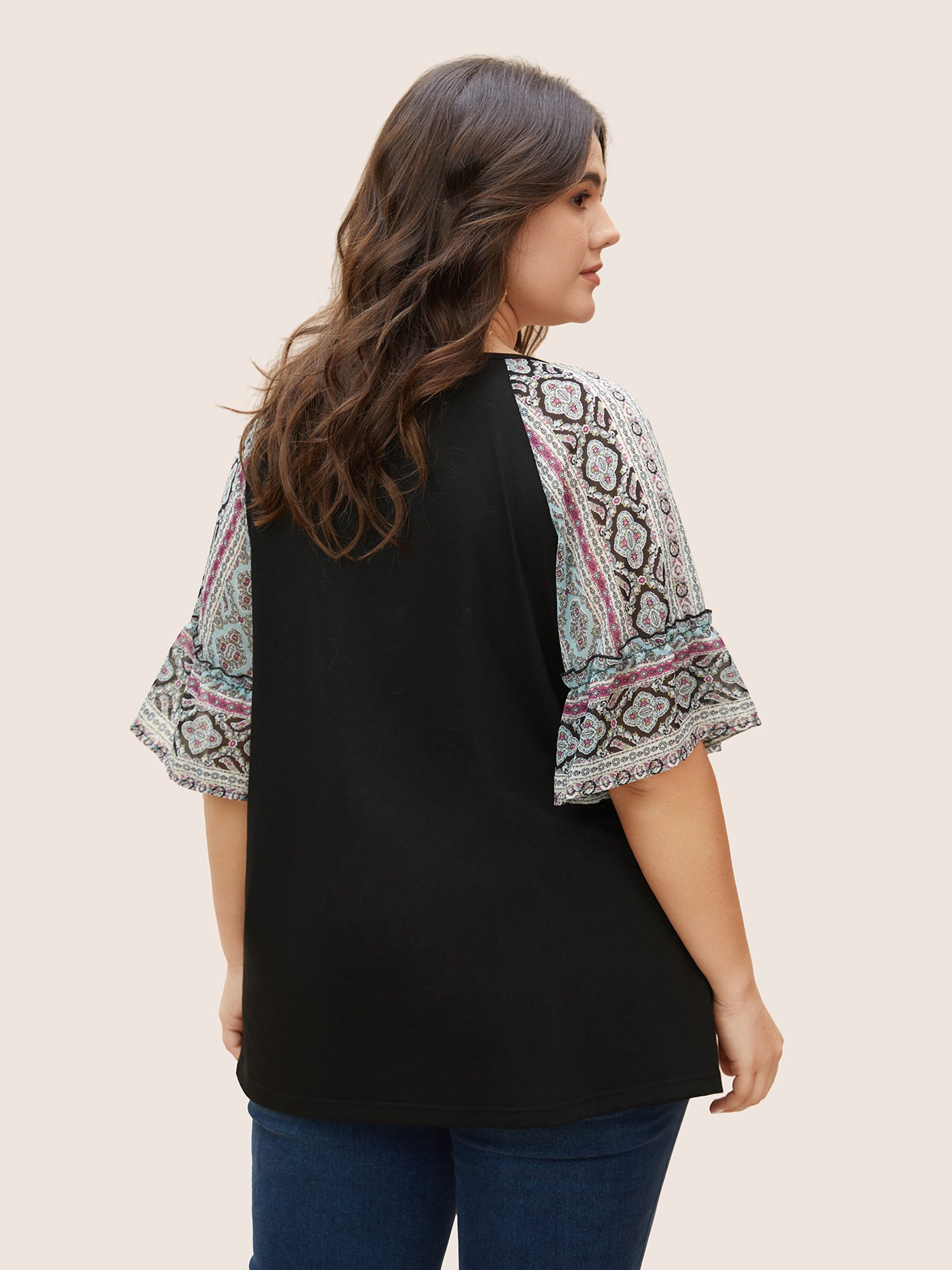 Boho Print Patchwork Raglan Sleeve T-shirt