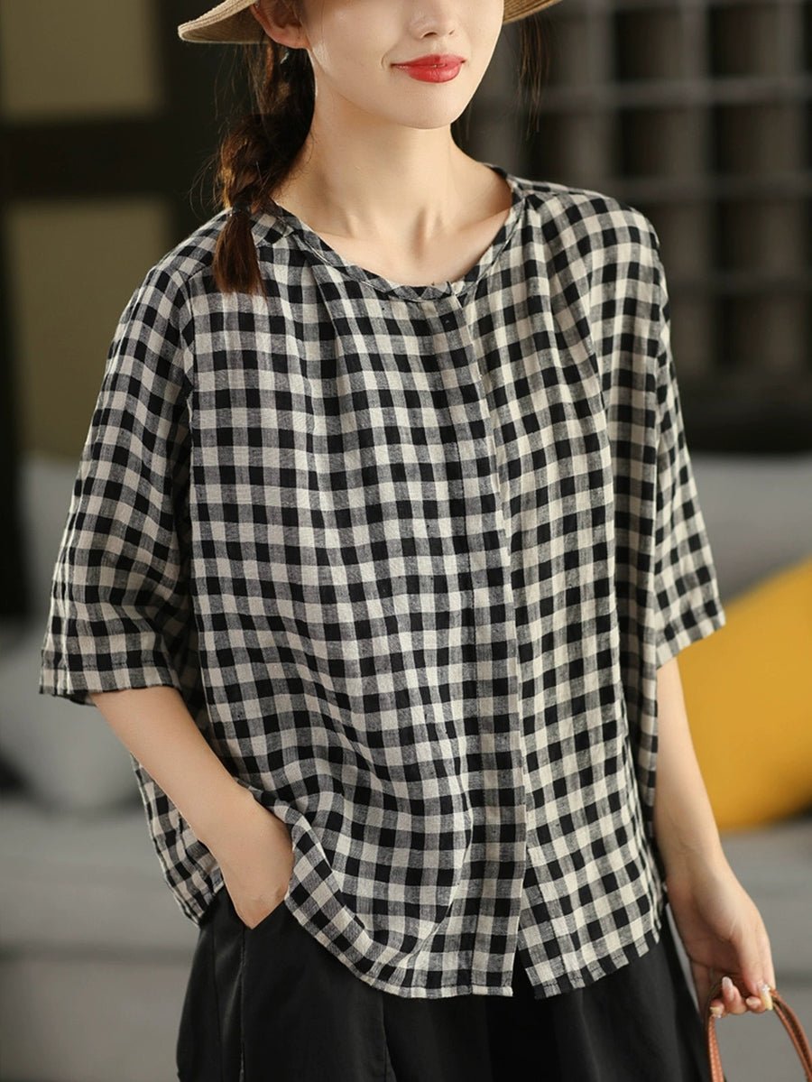 Women Summer Vintage Plaid 100%Linen O-Neck Shirt