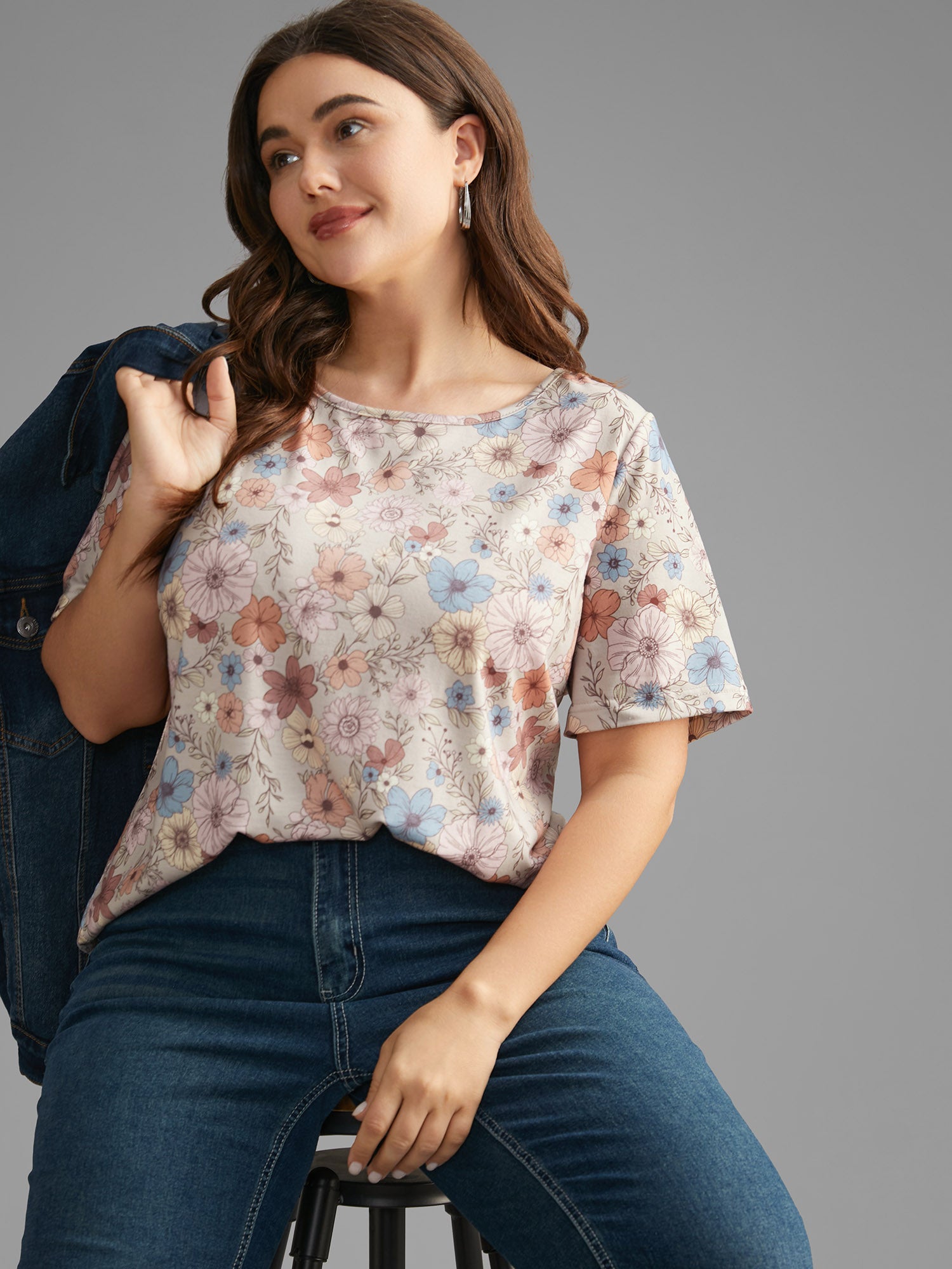 Crew Neck Floral Print Stretchy T-shirt