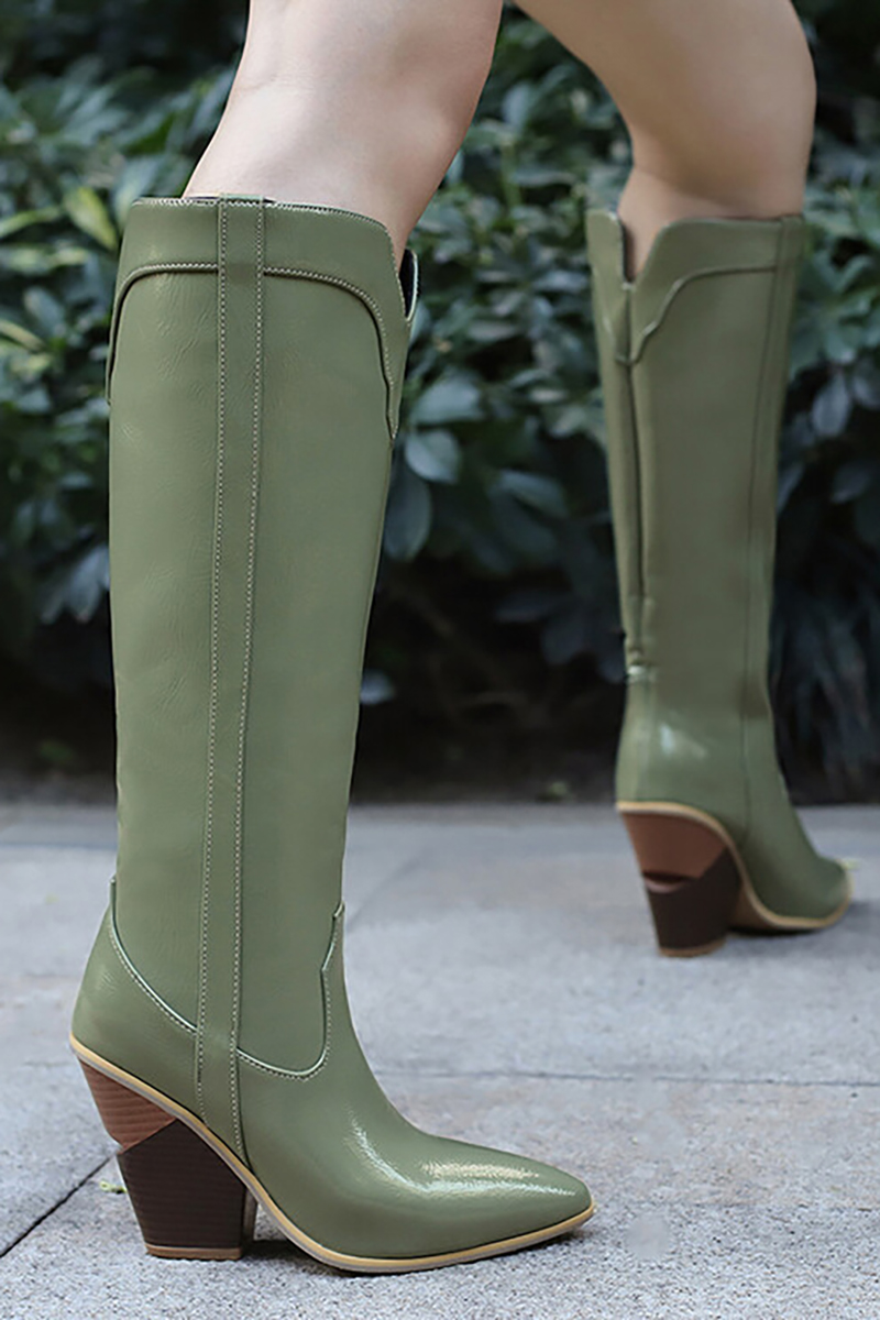 Stitching V Groove Pointy Toe Western Knee High Chunky Boots