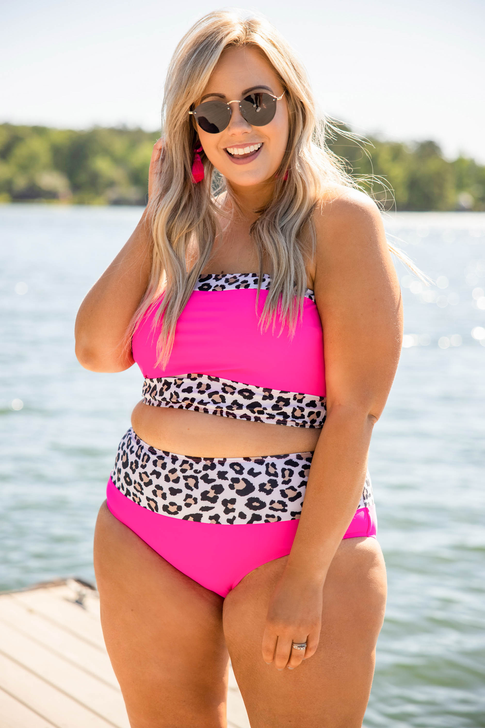 Hidden Islands Swim Top. Neon Pink