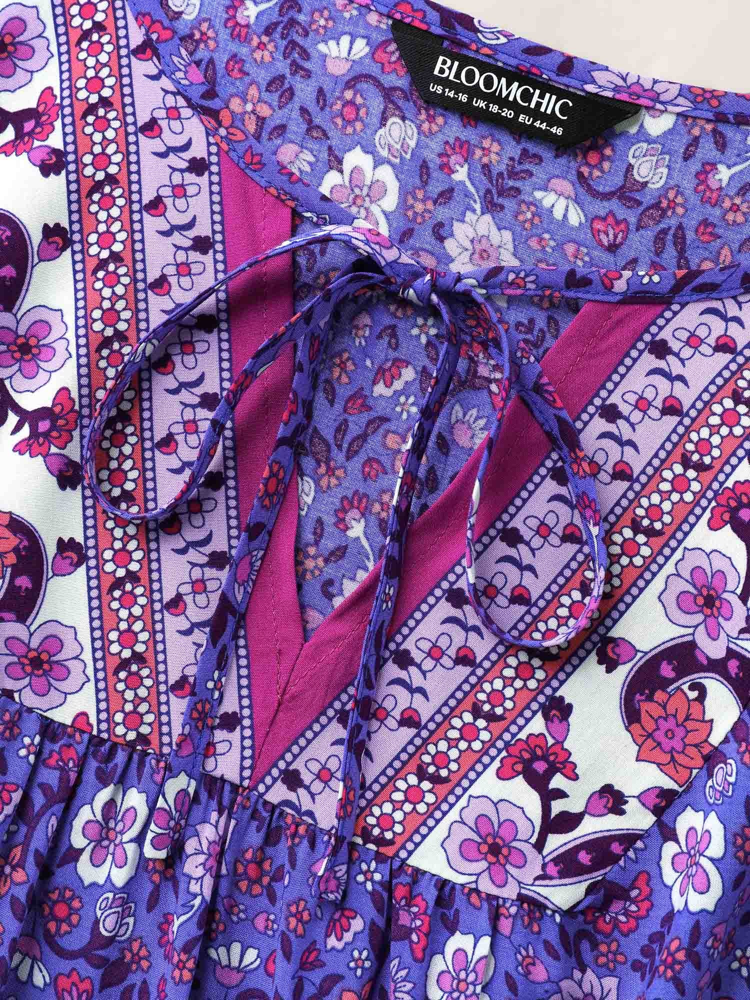Boho Floral Print Neck Tie Blouse