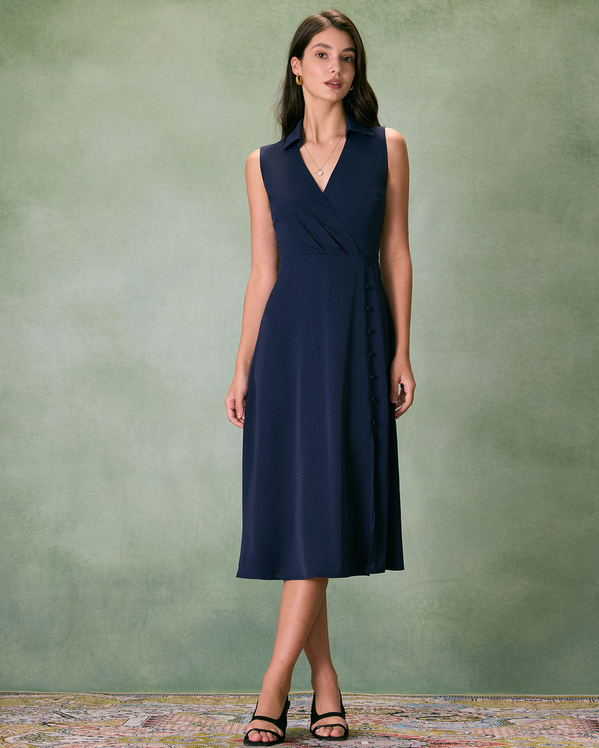 The Navy Collared Ruched Sleeveless Midi Dress