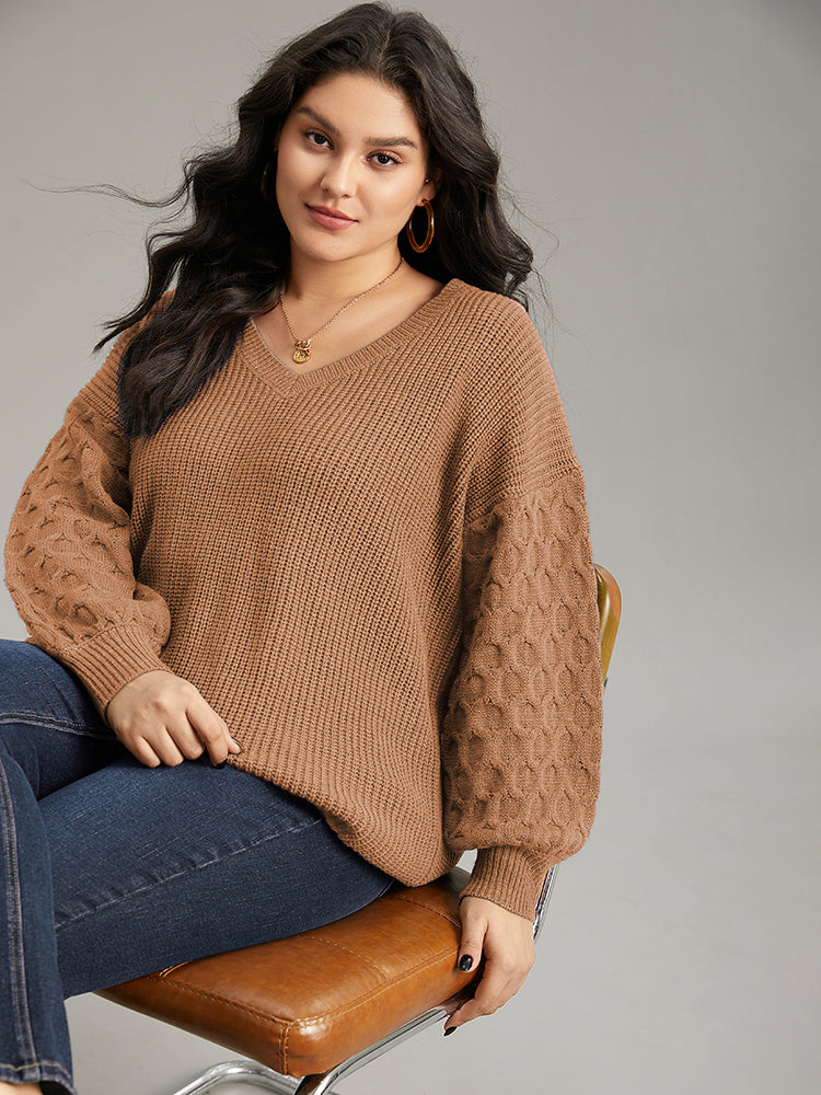 Solid Cable Knit V Neck Drop Shoulder Pullover