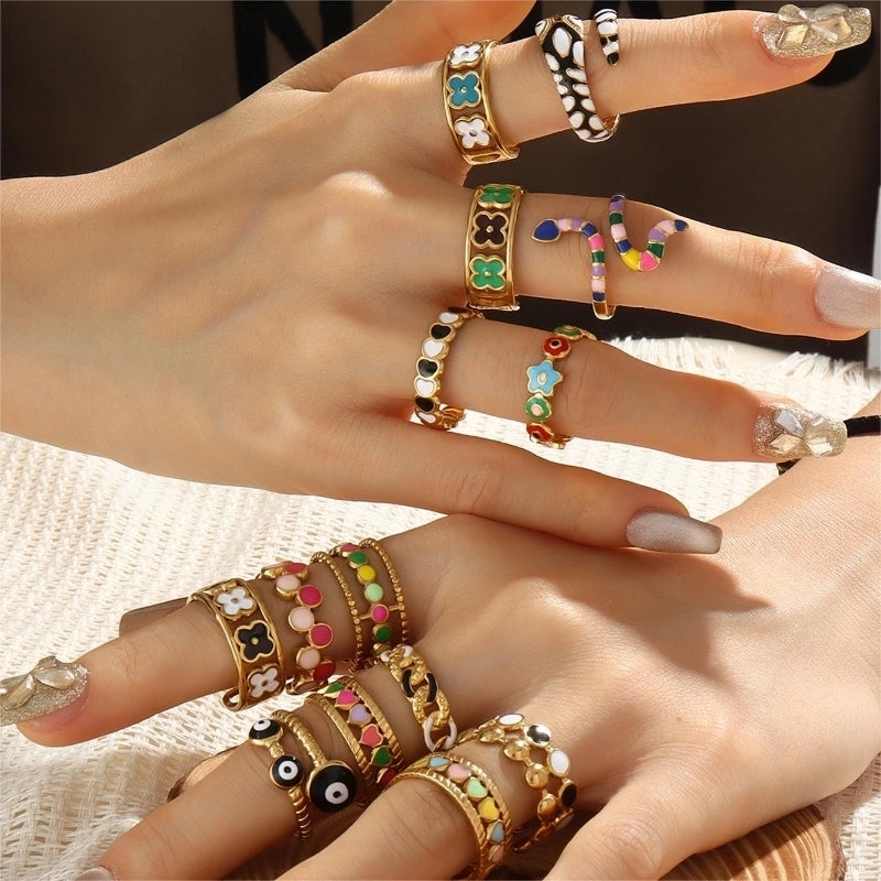 Retro U Shape 304 Stainless Steel 18K Gold Plated Enamel Open Rings