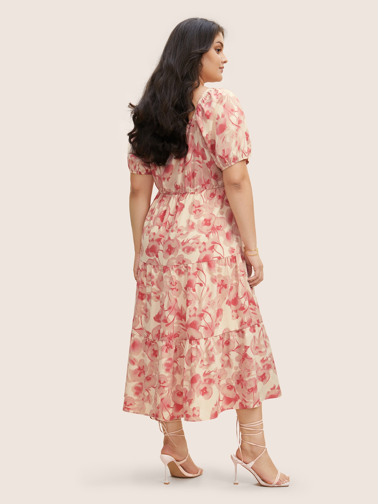 Floral Drawstring Tie Knot Puff Sleeve Midi Dress