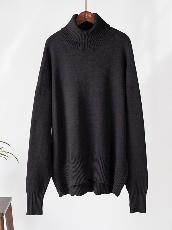 Long Sleeves Loose Solid Color High Neck Knitwear Pullovers Sweater Tops