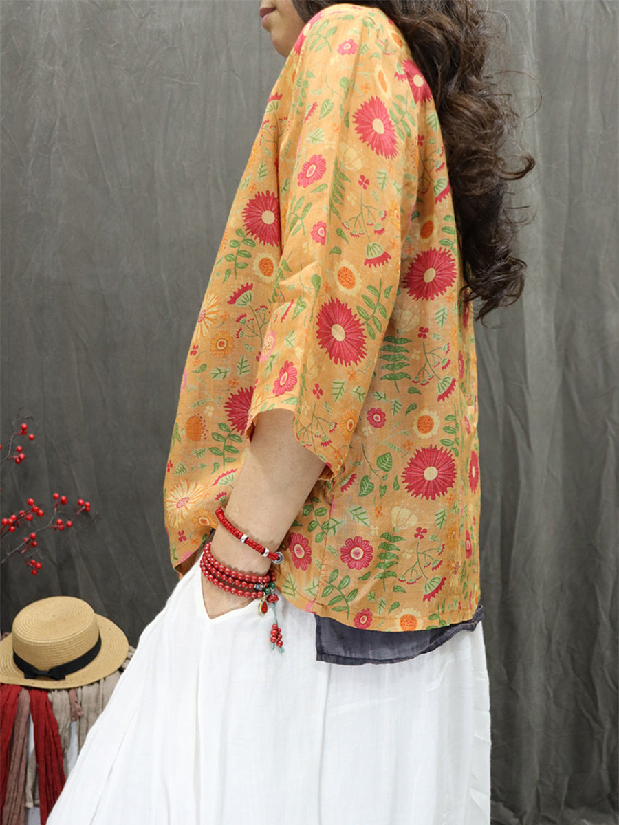 Women Summer Artsy V-Neck Flower 100%Ramie Shirt