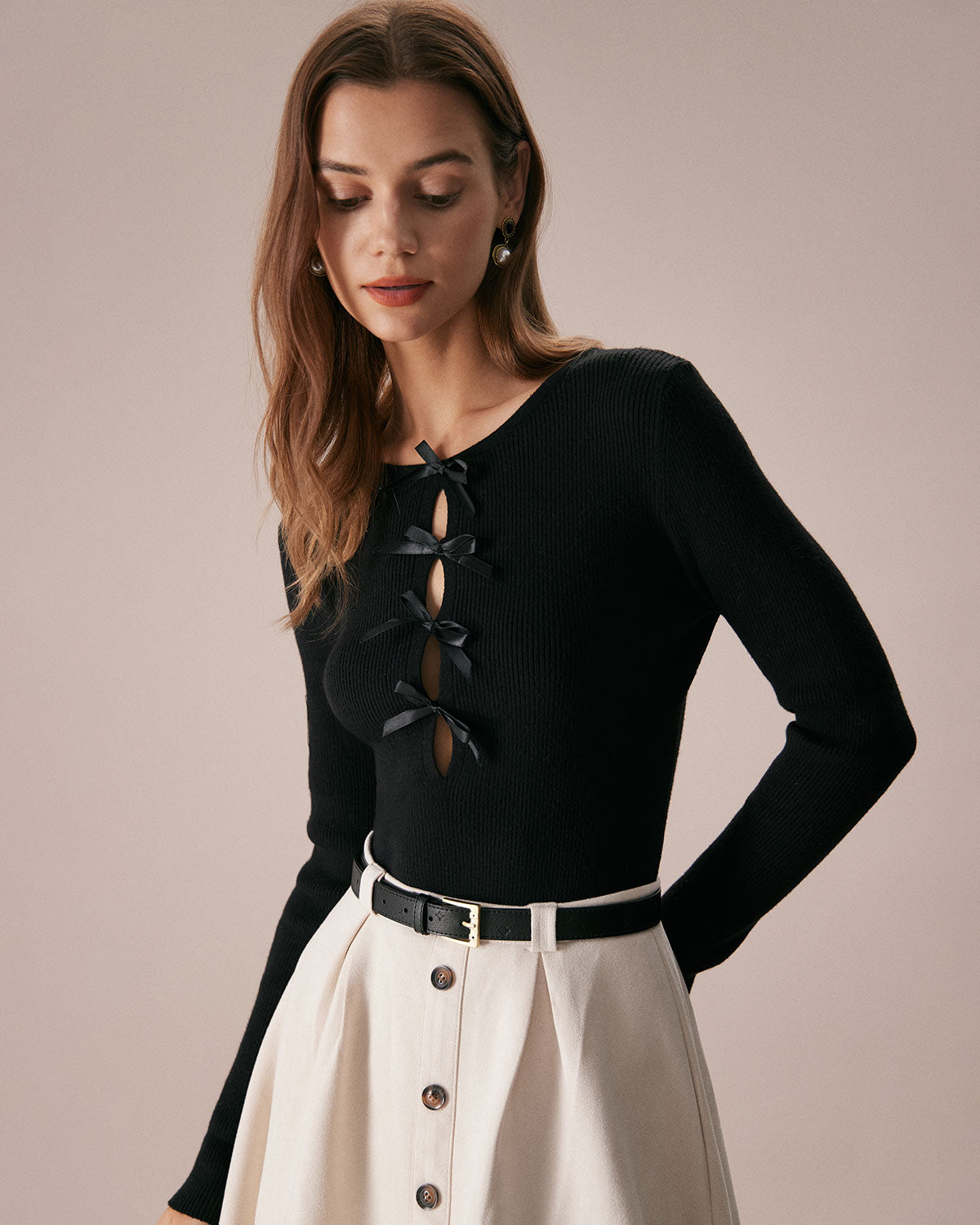 The Black Boat Neck Bowknot Front Knit Top