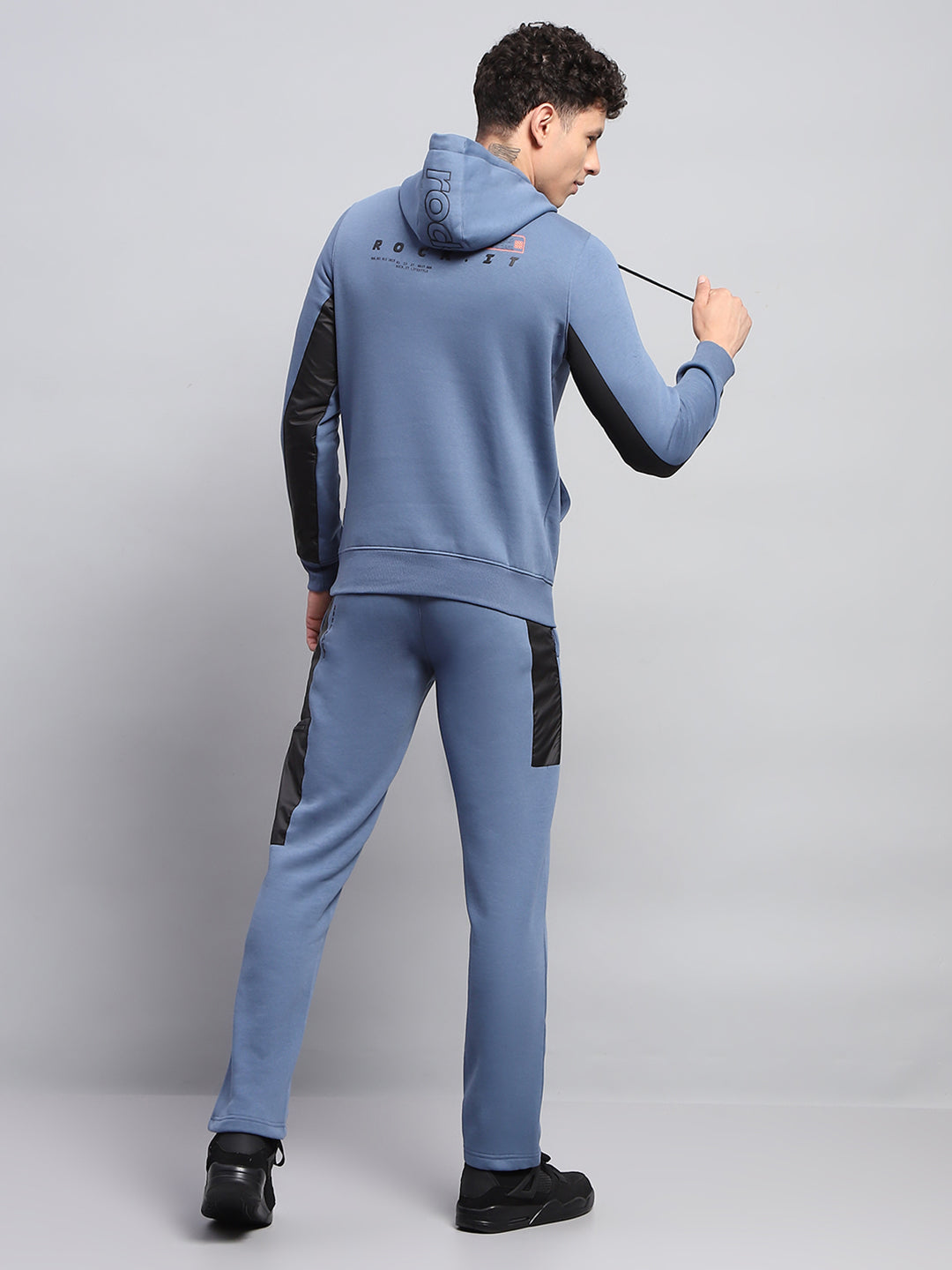 Men Blue Printed Hooded Full Sleeve Winter Tracksuit