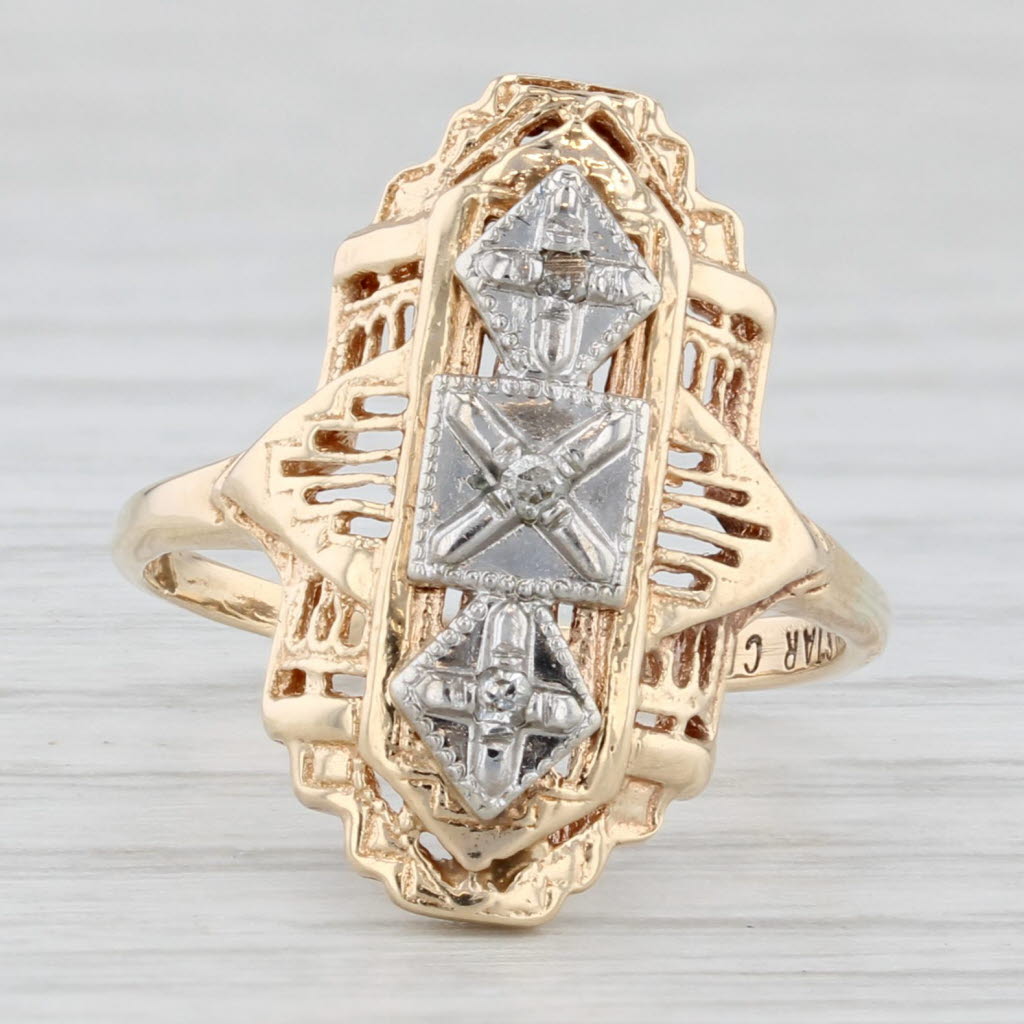 Vintage Diamond Filigree Ring 10k Yellow White Gold Size 4.5 Star Craft