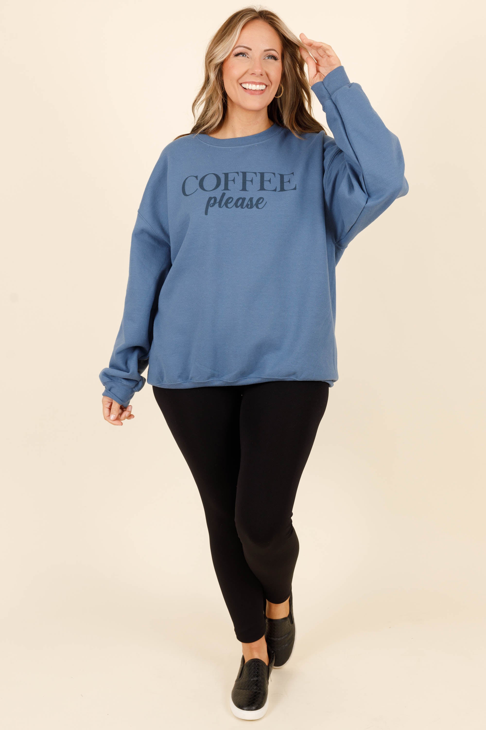 Coffee Please Sweatshirt. Indigo Blue