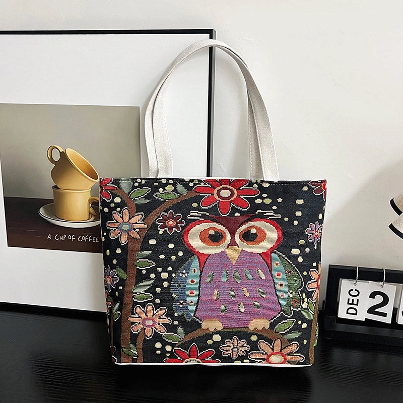 Women's Canvas Owl Classic Style Sewing Thread Square Open Tote Bag