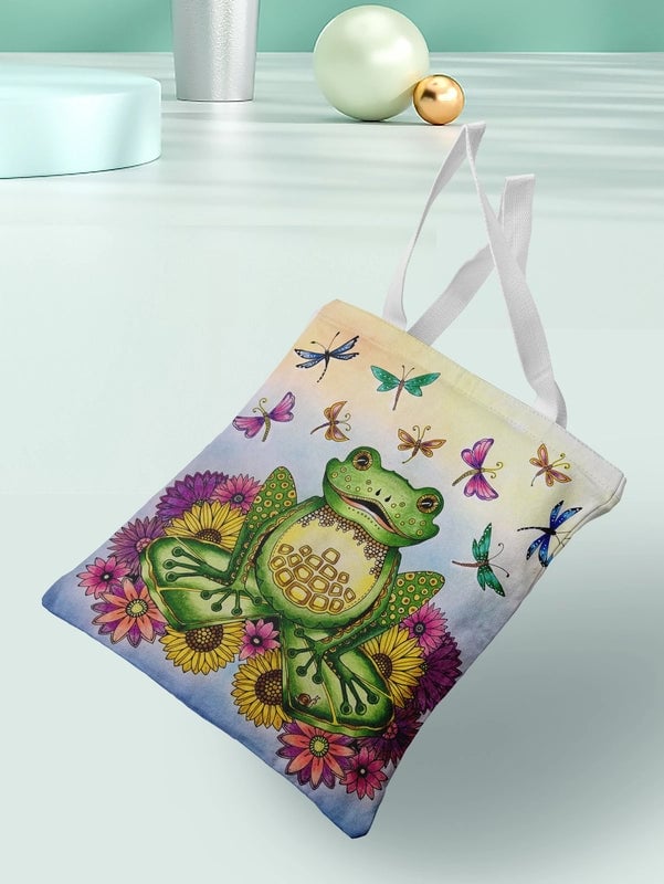Women's Canvas Cartoon Frog Basic Classic Style Square Open Canvas Bag