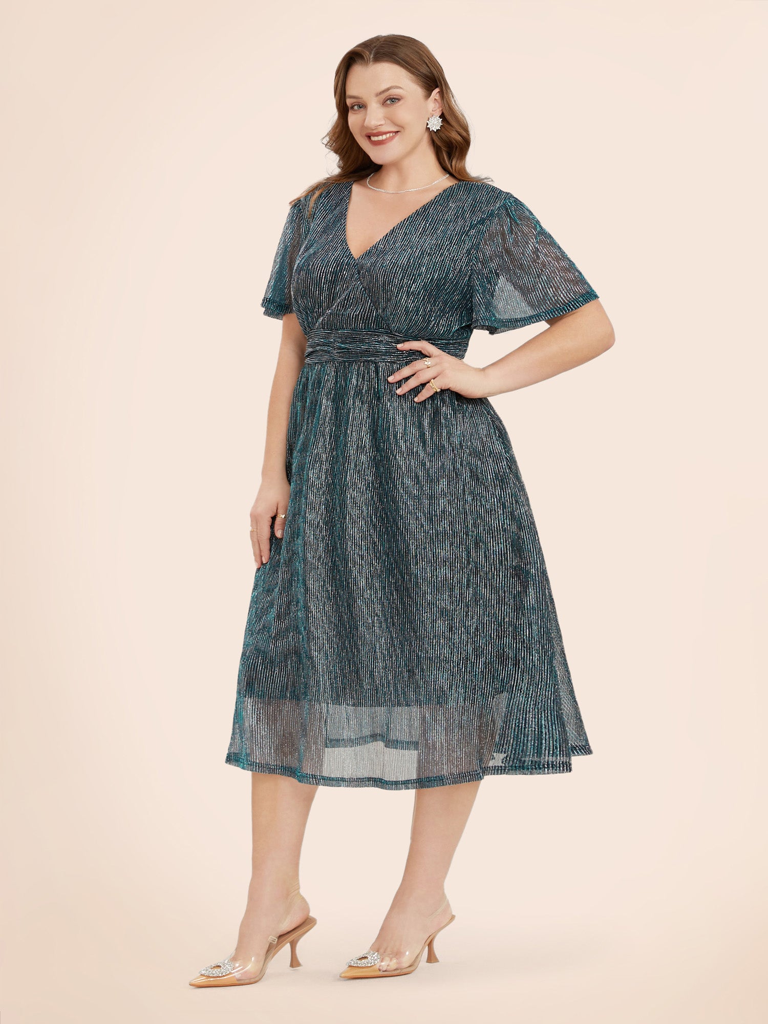 Glitter Mesh Surplice Neck Ruffle Sleeve Pocket Midi Dress