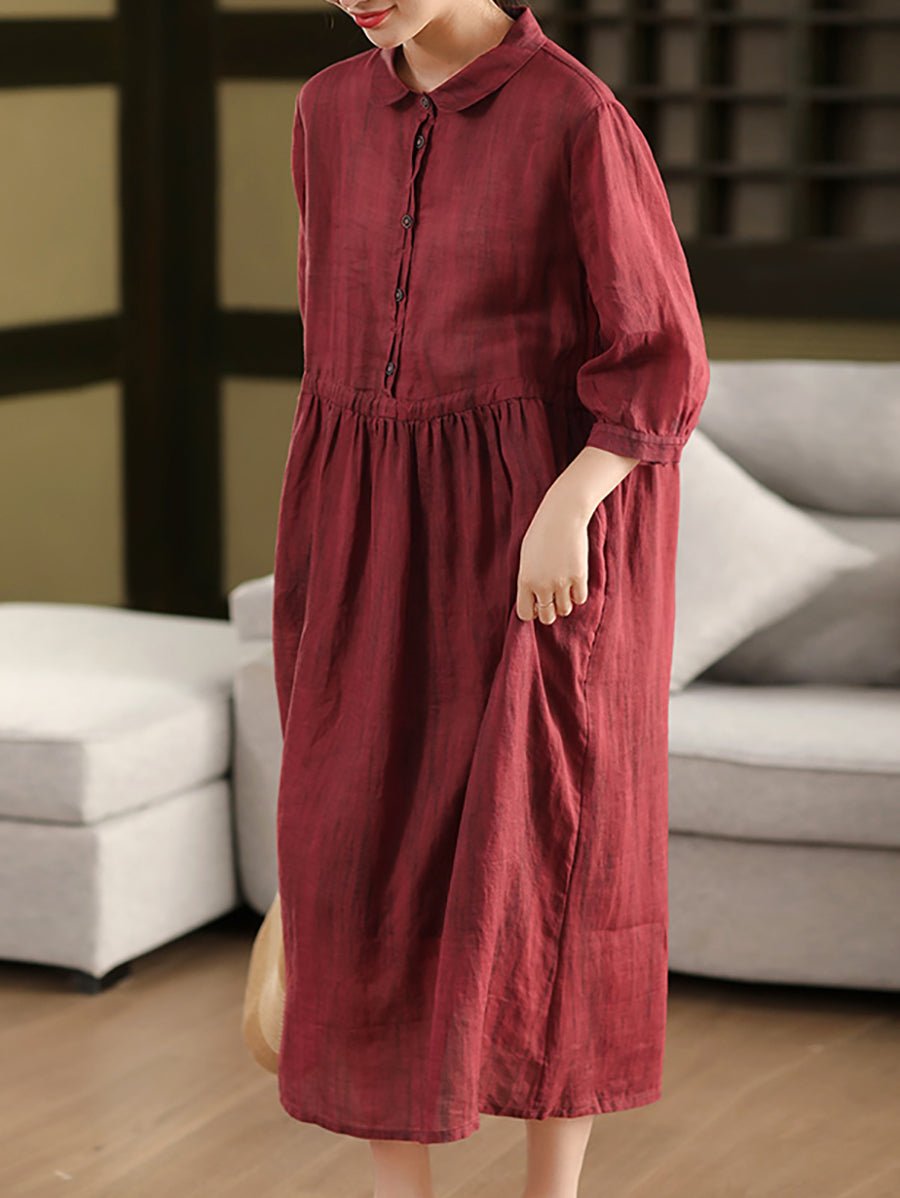 Women Summer Vintage Turn-down Collar 100%Ramie Dress