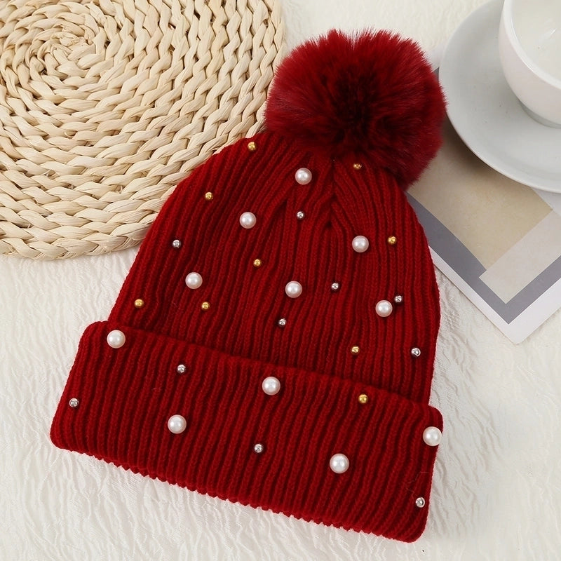 Women's Basic Sweet Minimalist Solid Color Pom Poms Pearl Eaveless Wool Cap
