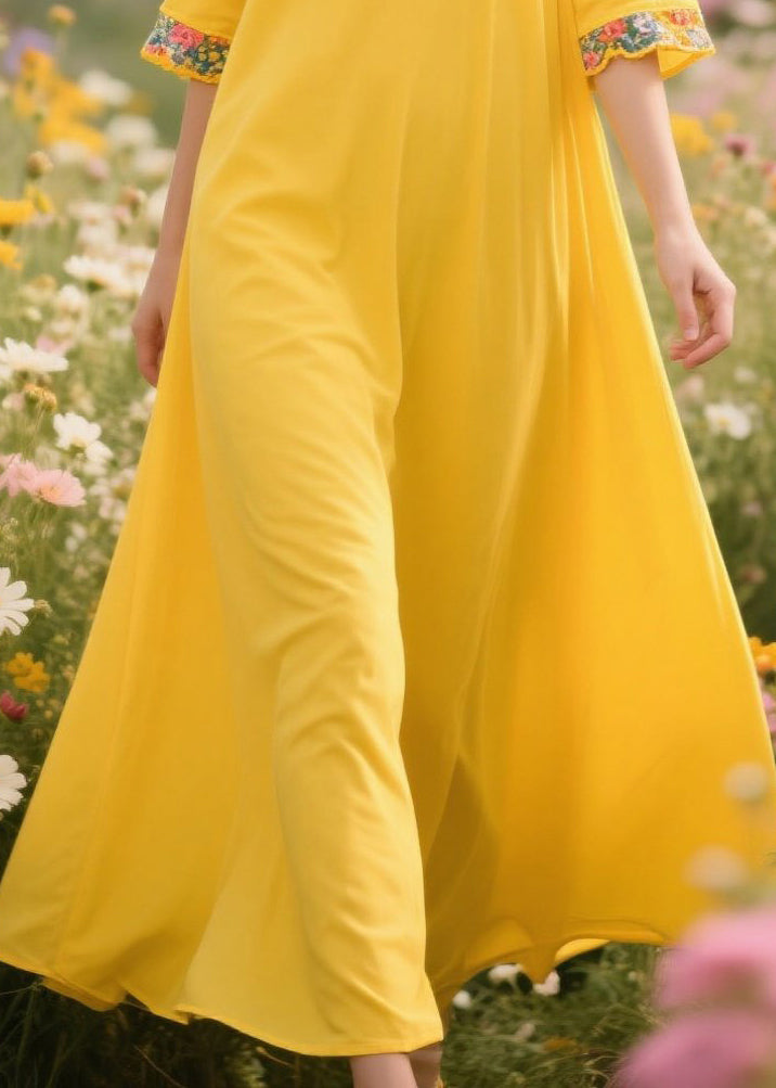 Casual Yellow V Neck Patchwork Cotton A Line Dress Summer