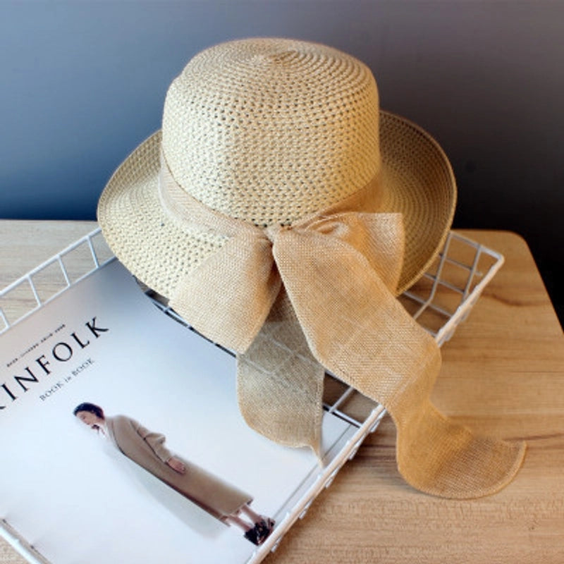 Women's Classic Style Solid Color Bow Knot Big Eaves Straw Hat